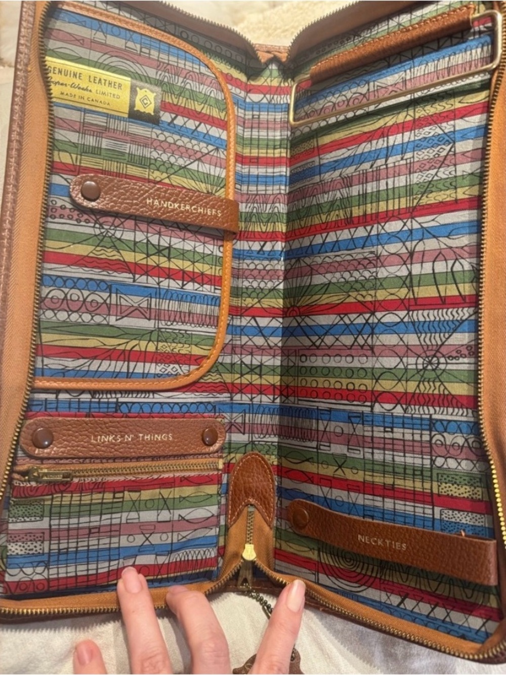Genuine Leather Vintage Travel Organizer with Multicolor Stripe Interior